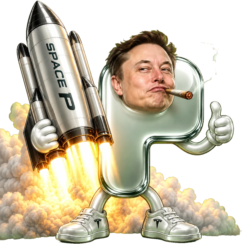 space p standing on the pad with a rocket under one arm, thumb up, cigar lit, going nowhere but up